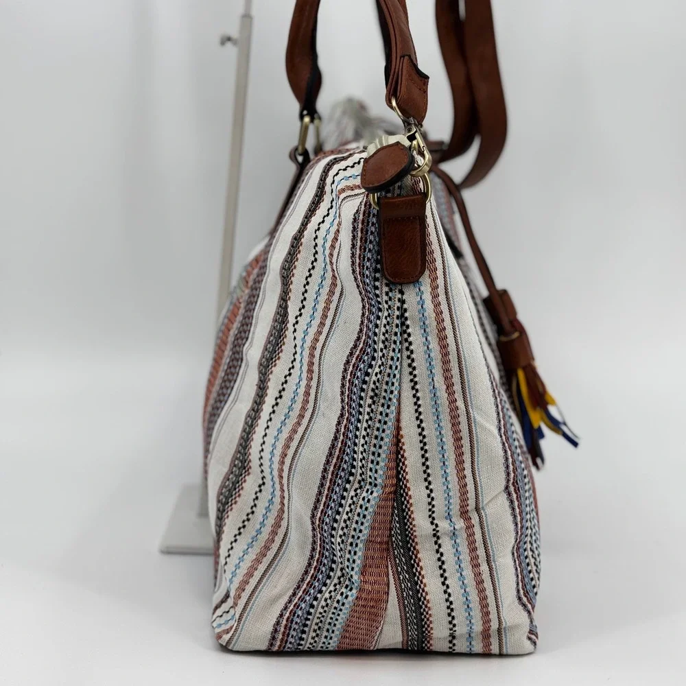 Jen & Co River Weekender Womens Large Striped Canvas Vegan Leather Tassel Boho